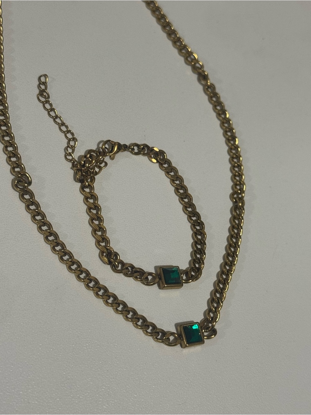 Gold-Tone Necklace and Bracelet Set with Green Stone Accent